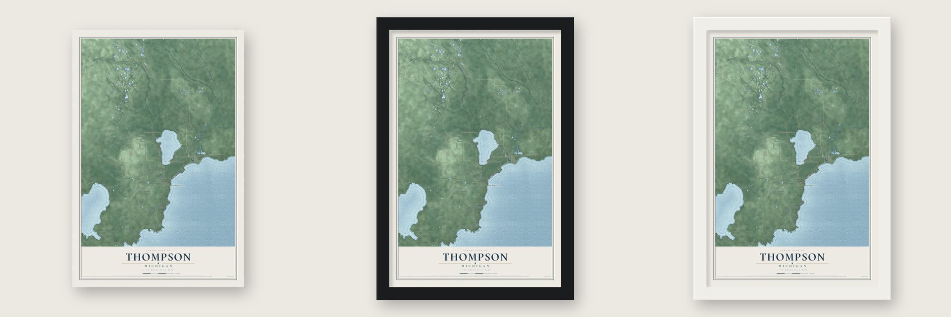 Thompson, Michigan map unframed, in a black wood frame and in a white wood frame
