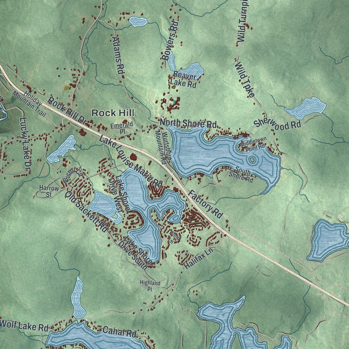 Second close-up of the map of Thompson, New York print showing more streets and buildings