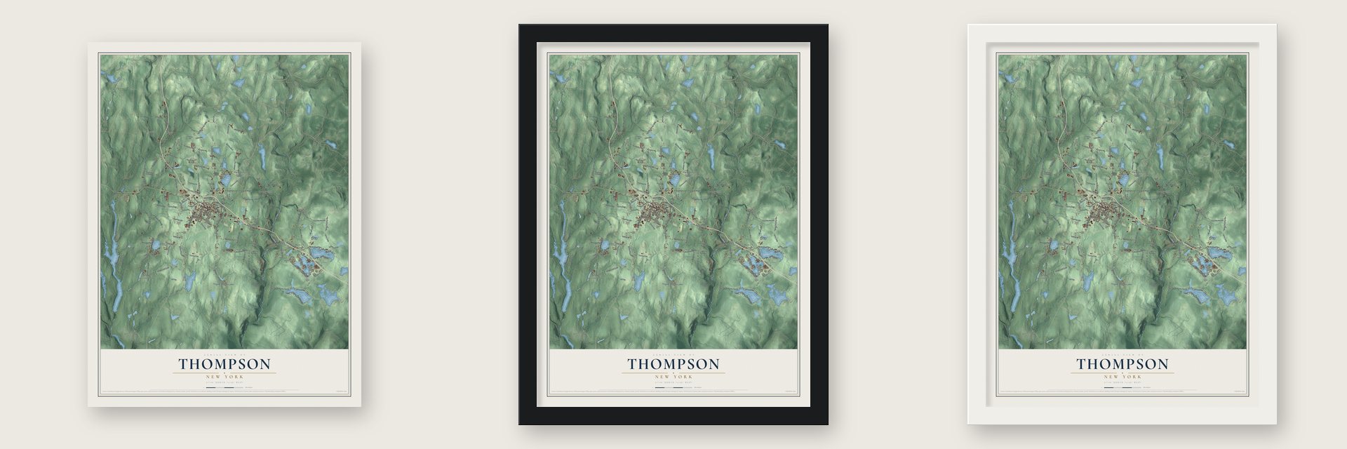 Thompson, New York map unframed, in a black wood frame and in a white wood frame