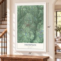 Thompson, New York map, 24 x 36 inch print in a white frame by a staircase