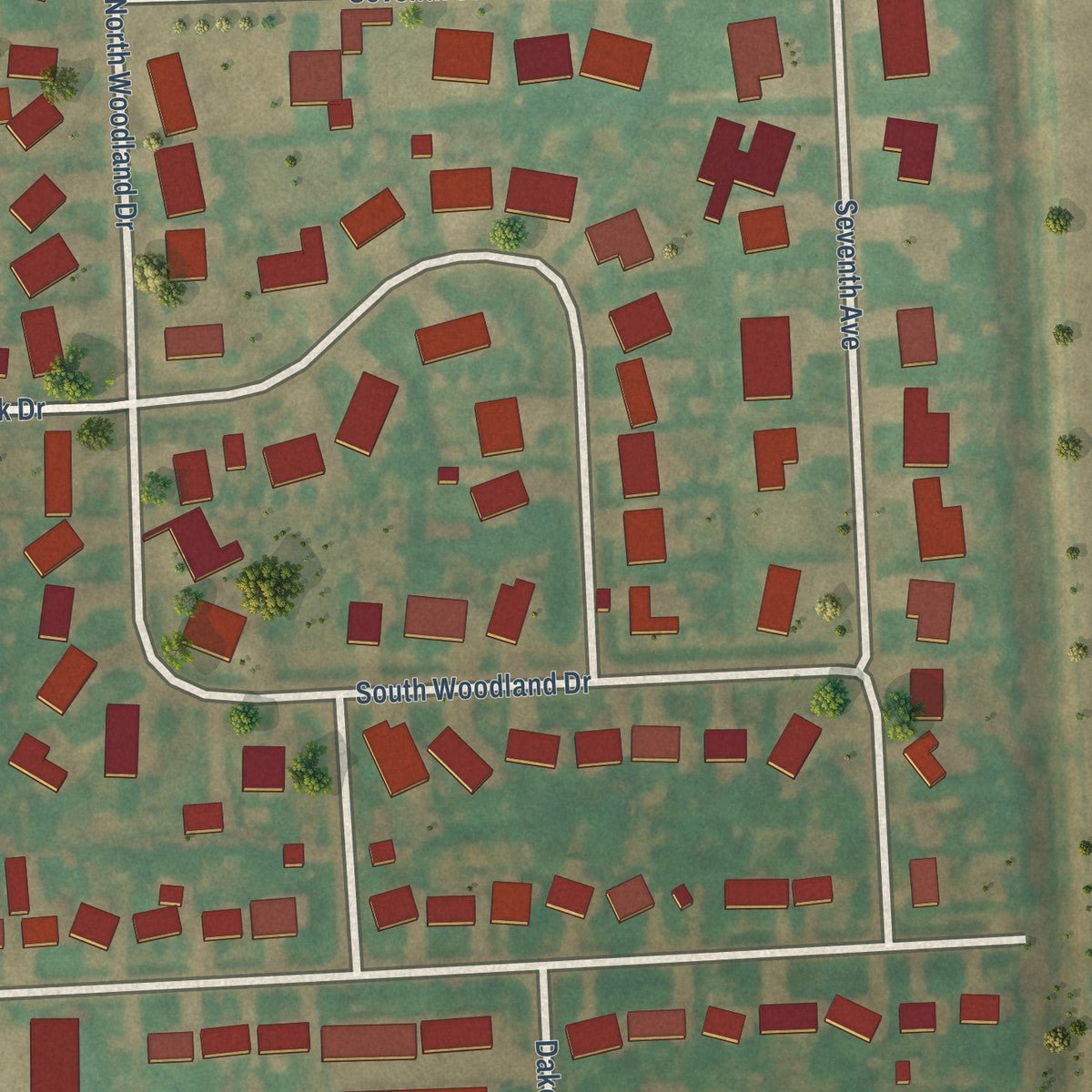 Second close-up of the map of Thompson, North Dakota print showing more streets and buildings