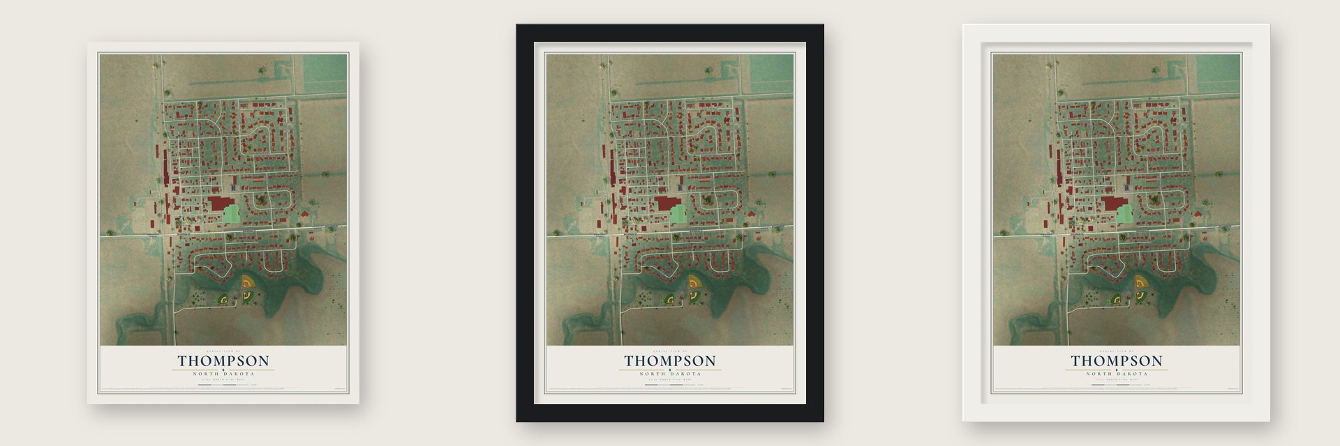 Thompson, North Dakota map unframed, in a black wood frame and in a white wood frame