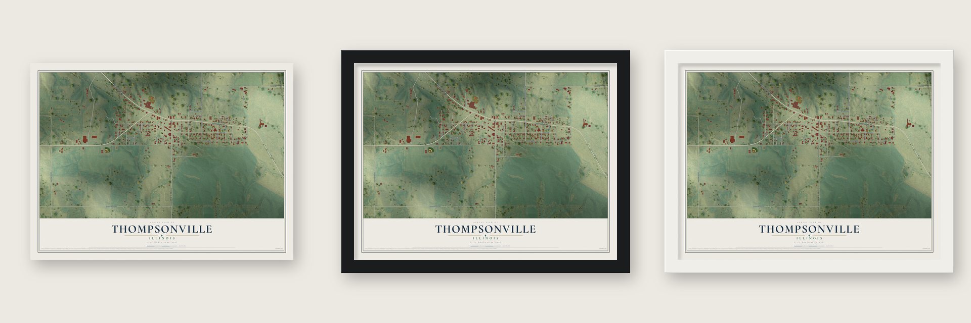 Thompsonville, Illinois map unframed, in a black wood frame and in a white wood frame