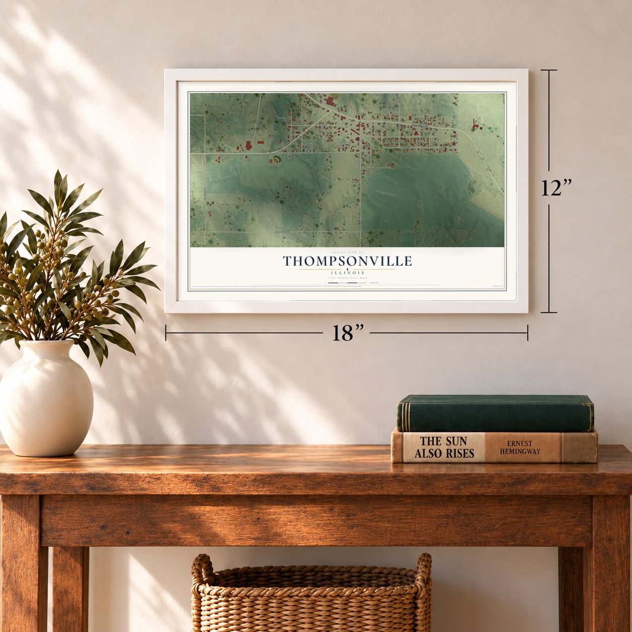 Thompsonville, Illinois map, 12 x 18 inch print in a white frame in an entryway