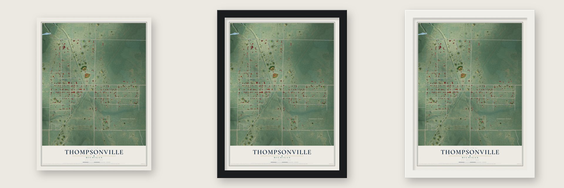 Thompsonville, Michigan map unframed, in a black wood frame and in a white wood frame
