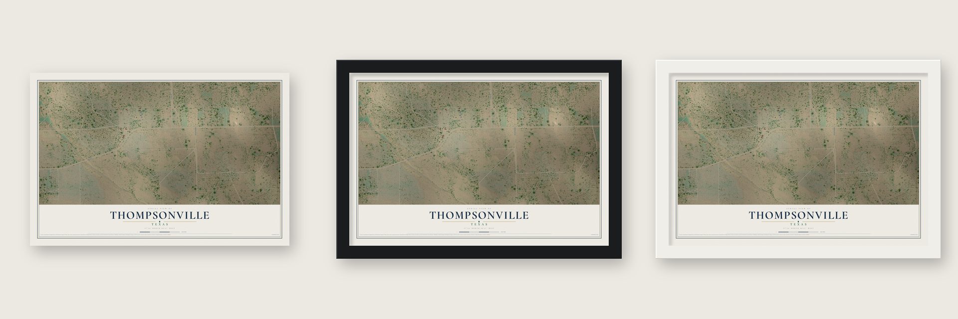 Thompsonville, Texas map unframed, in a black wood frame and in a white wood frame