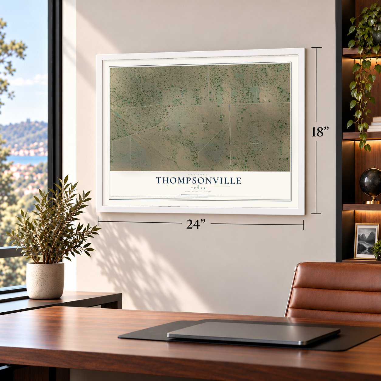 Thompsonville, Texas map, 18 x 24 inch print in a white frame in a home office