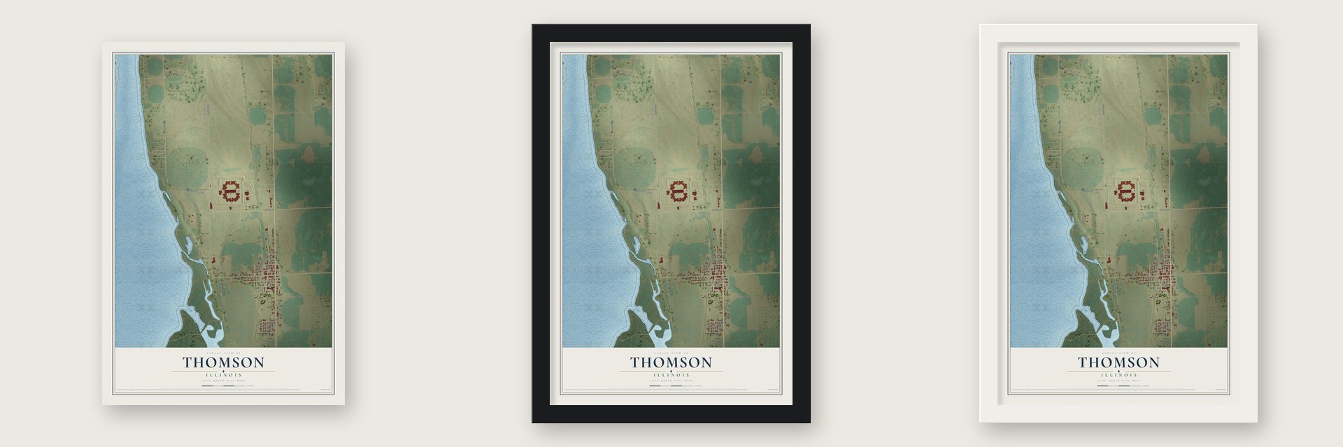 Thomson, Illinois map unframed, in a black wood frame and in a white wood frame