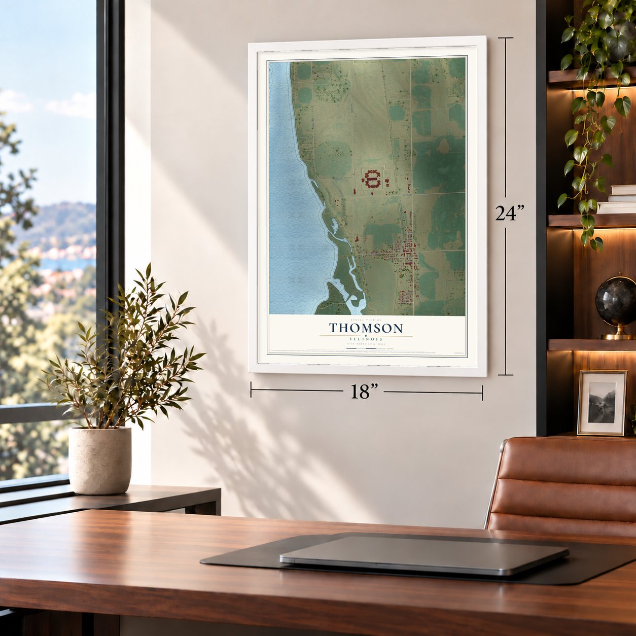 Thomson, Illinois map, 18 x 24 inch print in a white frame in a home office