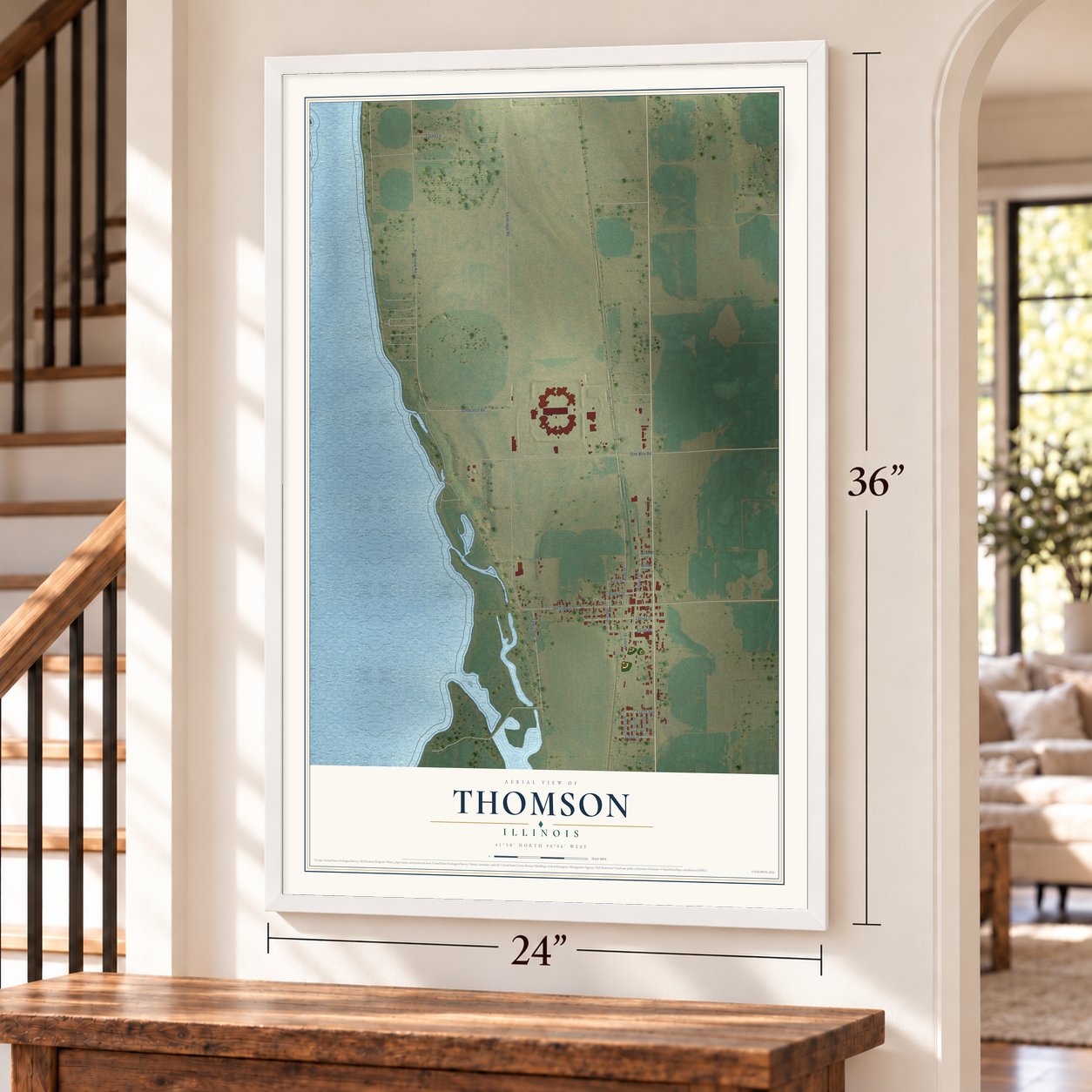 Thomson, Illinois map, 24 x 36 inch print in a white frame by a staircase