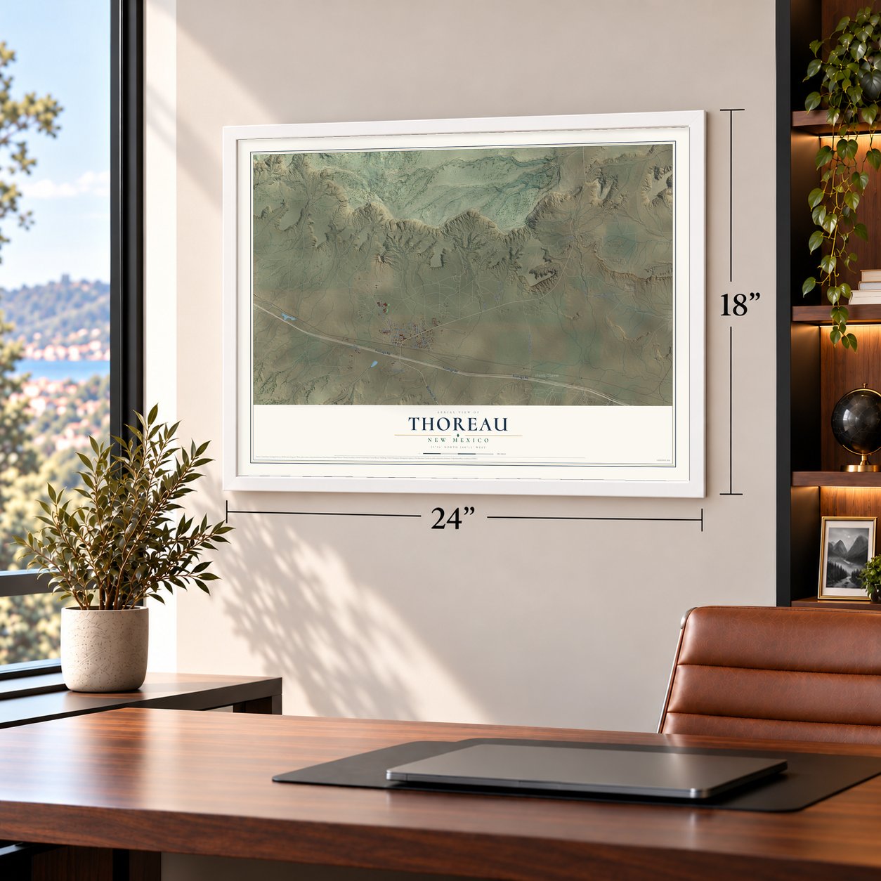 Thoreau, New Mexico map, 18 x 24 inch print in a white frame in a home office