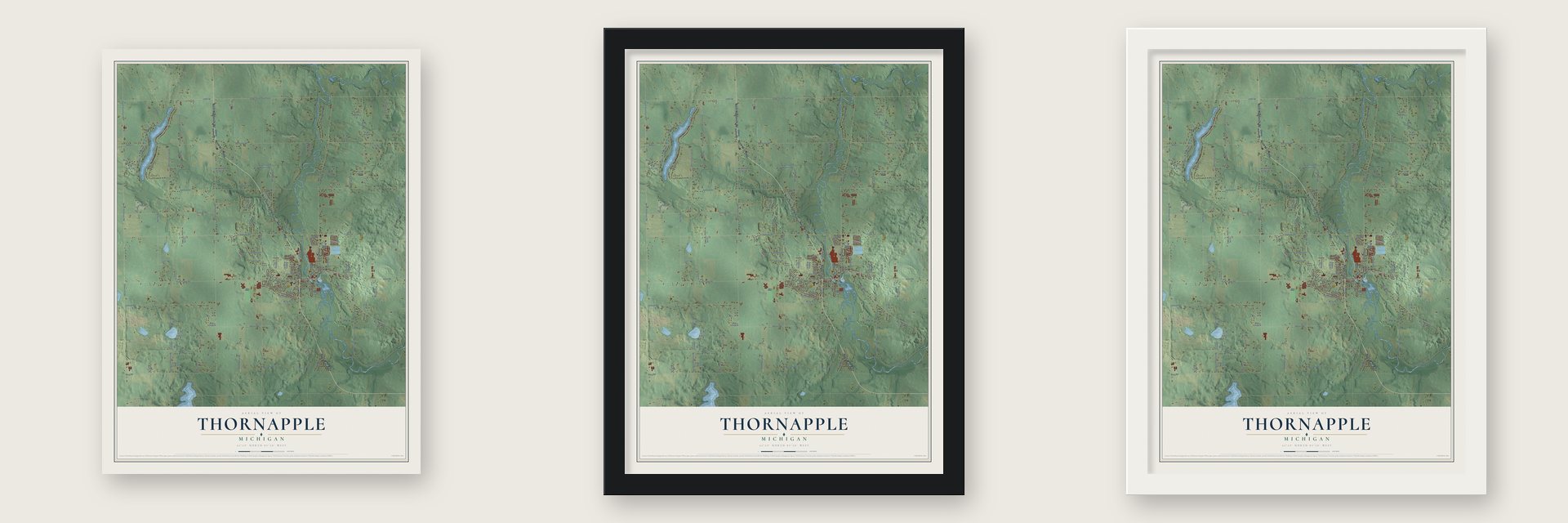 Thornapple, Michigan map unframed, in a black wood frame and in a white wood frame