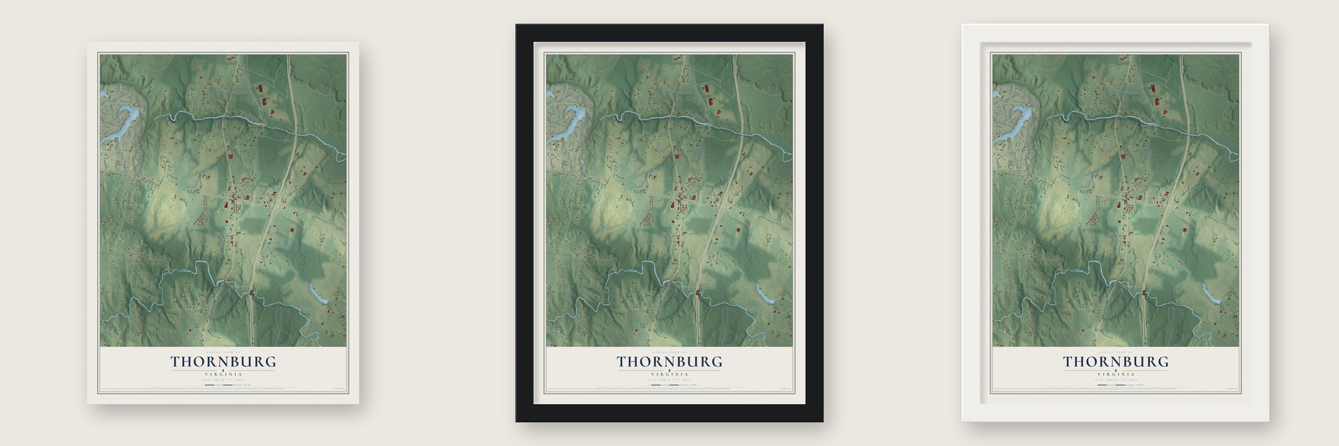 Thornburg, Virginia map unframed, in a black wood frame and in a white wood frame