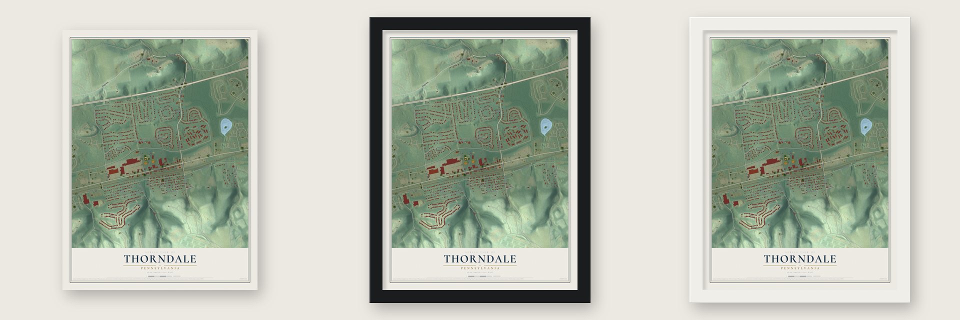 Thorndale, Pennsylvania map unframed, in a black wood frame and in a white wood frame