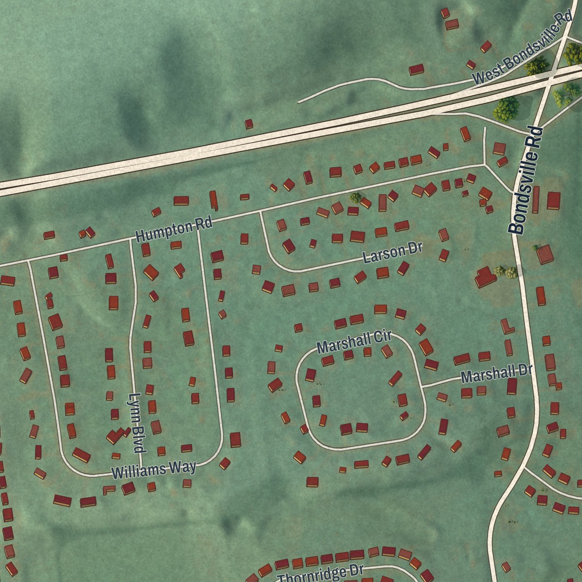 Second close-up of the map of Thorndale, Pennsylvania print showing more streets and buildings
