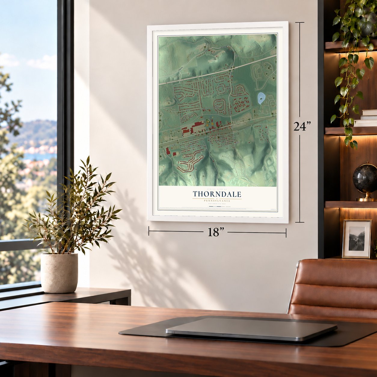 Thorndale, Pennsylvania map, 18 x 24 inch print in a white frame in a home office