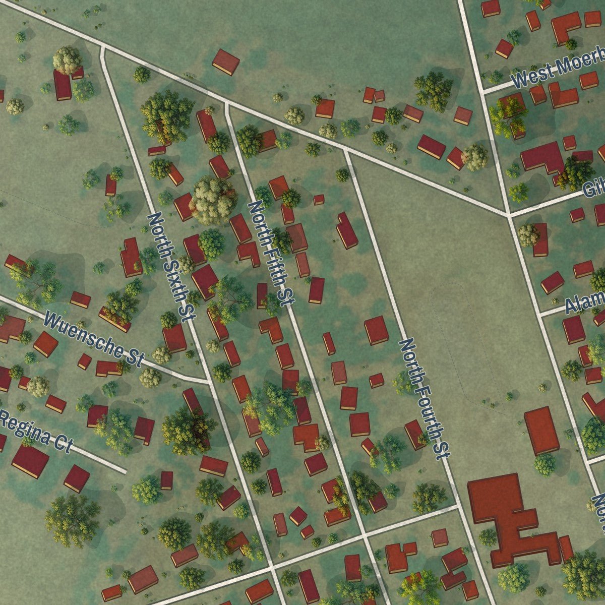 Second close-up of the map of Thorndale, Texas print showing more streets and buildings
