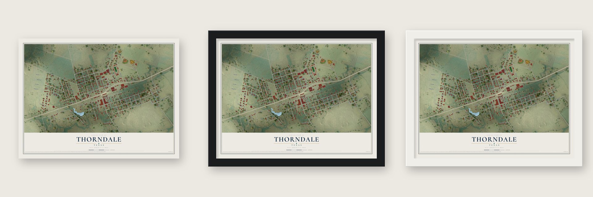 Thorndale, Texas map unframed, in a black wood frame and in a white wood frame