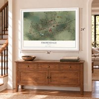 Thorndale, Texas map, 24 x 36 inch print in a white frame above a dresser by a staircase