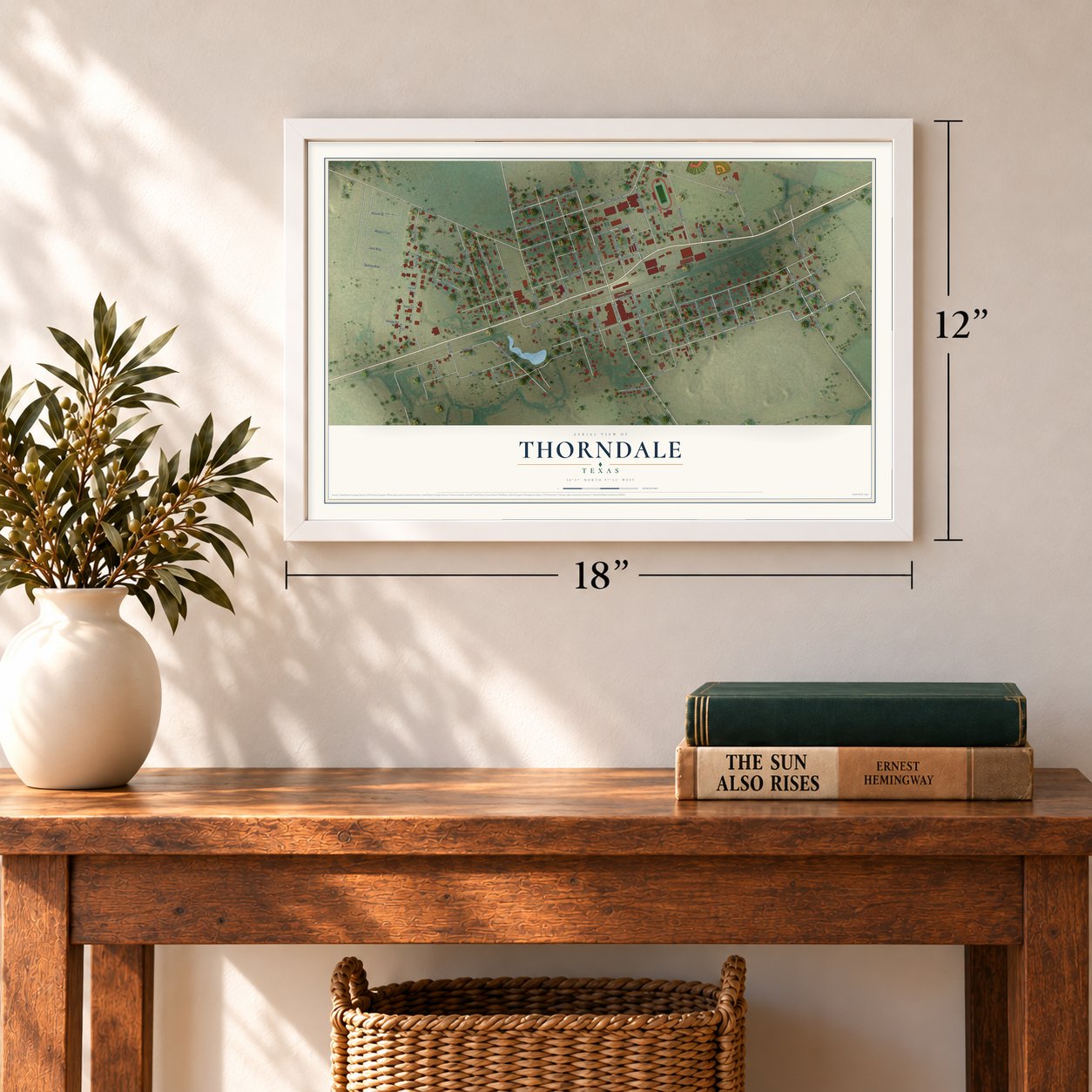Thorndale, Texas map, 12 x 18 inch print in a white frame in an entryway