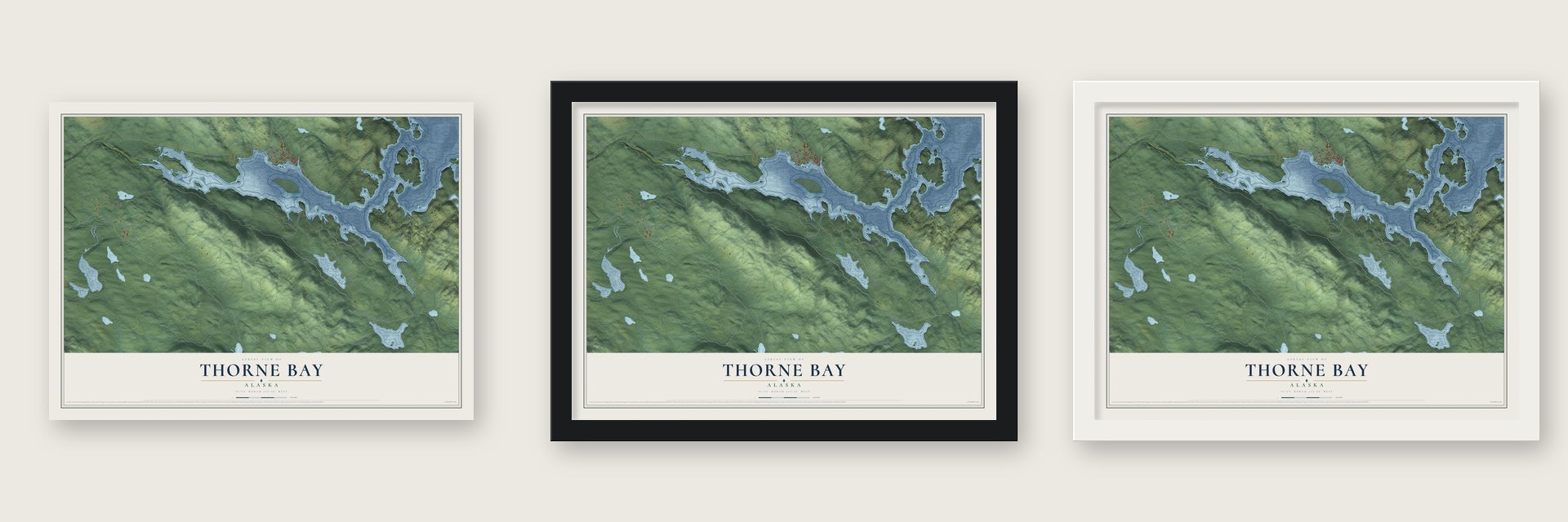 Thorne Bay, Alaska map unframed, in a black wood frame and in a white wood frame