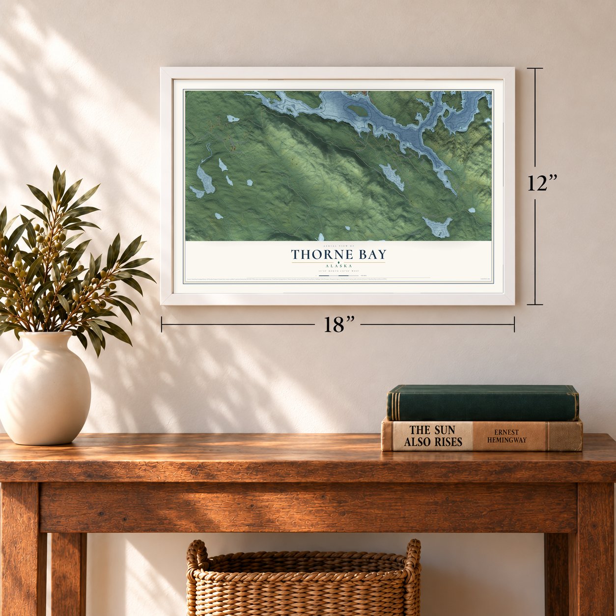 Thorne Bay, Alaska map, 12 x 18 inch print in a white frame in an entryway