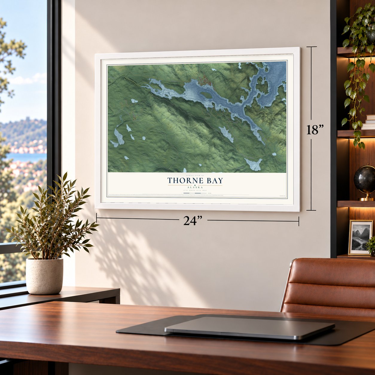 Thorne Bay, Alaska map, 18 x 24 inch print in a white frame in a home office