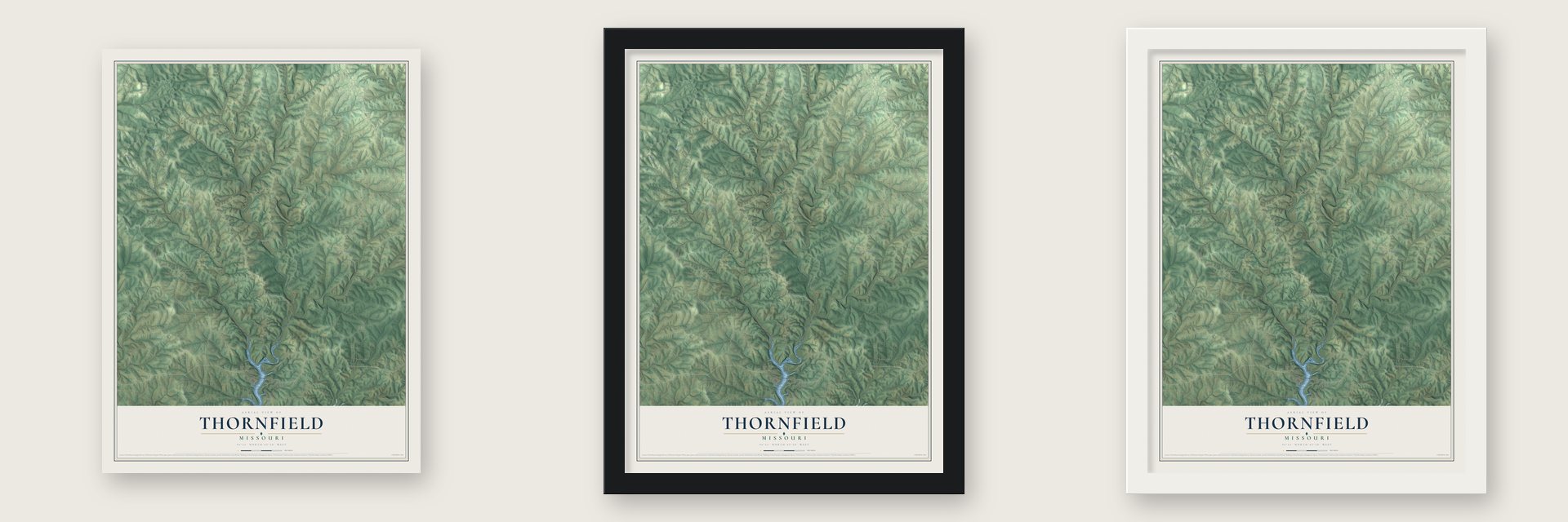 Thornfield, Missouri map unframed, in a black wood frame and in a white wood frame