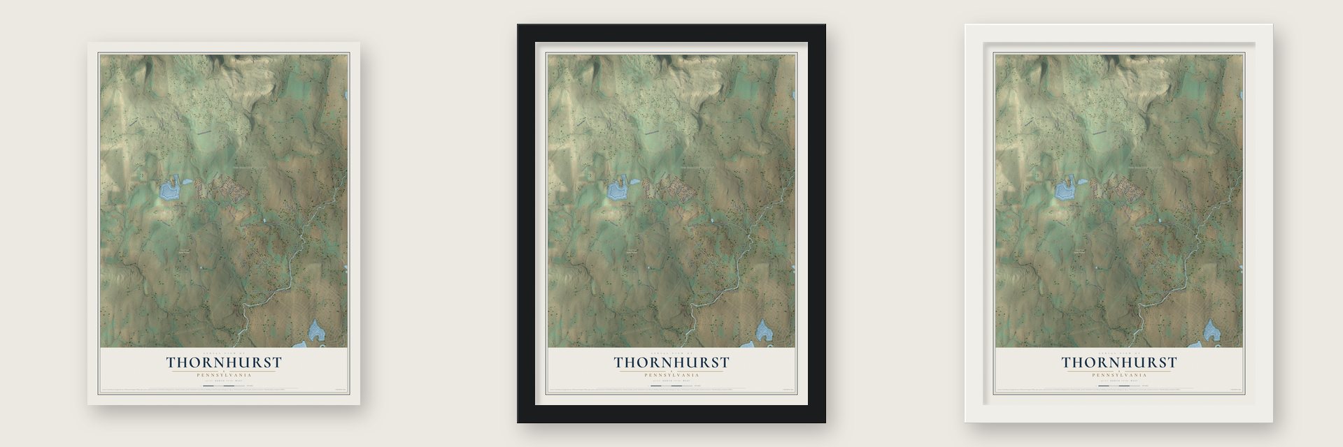 Thornhurst, Pennsylvania map unframed, in a black wood frame and in a white wood frame