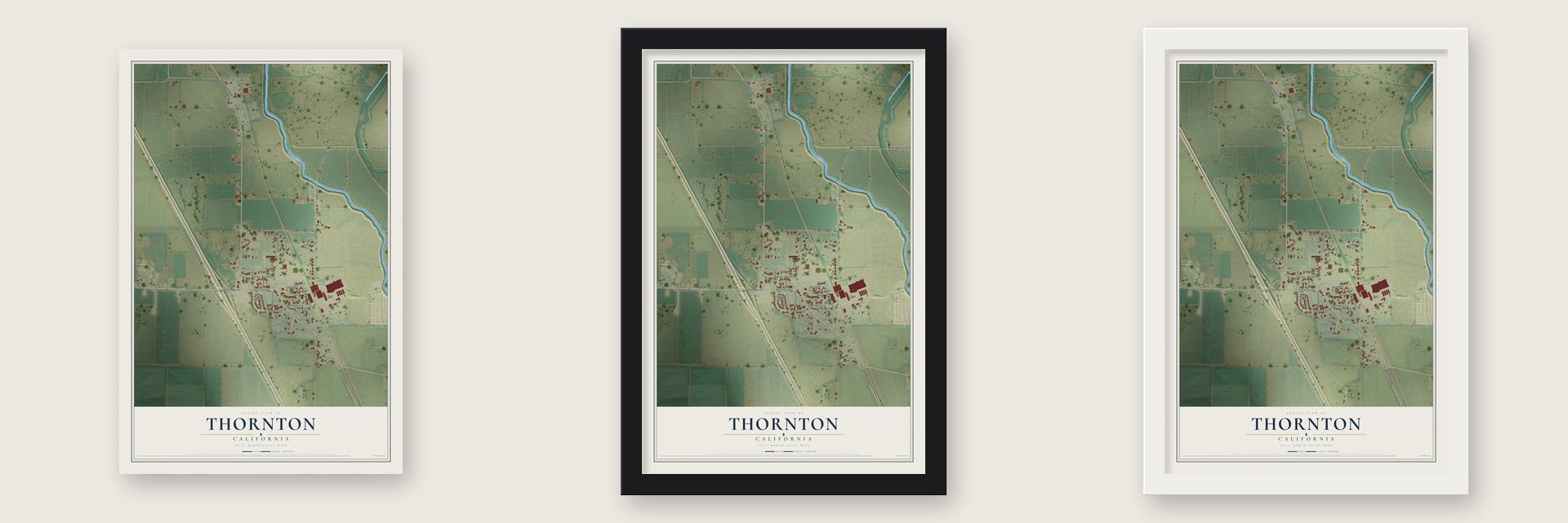 Thornton, California map unframed, in a black wood frame and in a white wood frame
