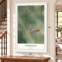 Thornton, California map, 24 x 36 inch print in a white frame by a staircase