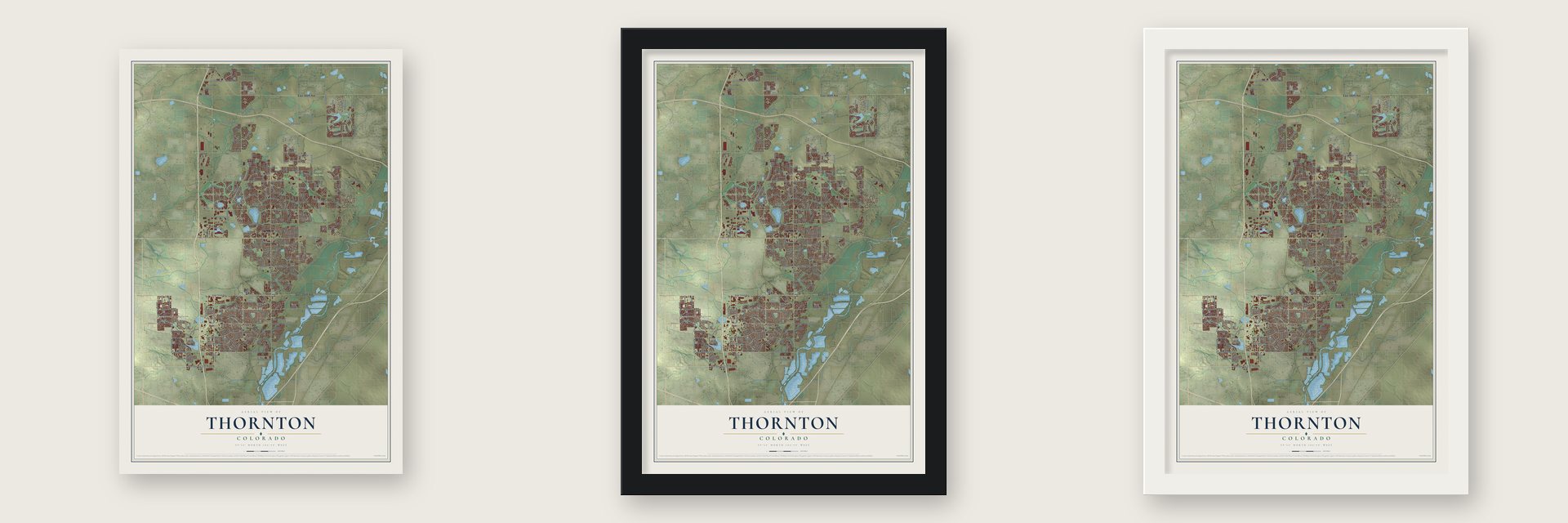 Thornton, Colorado map unframed, in a black wood frame and in a white wood frame