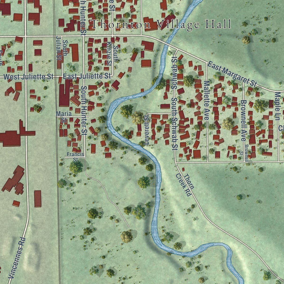Second close-up of the map of Thornton, Illinois print showing more streets and buildings