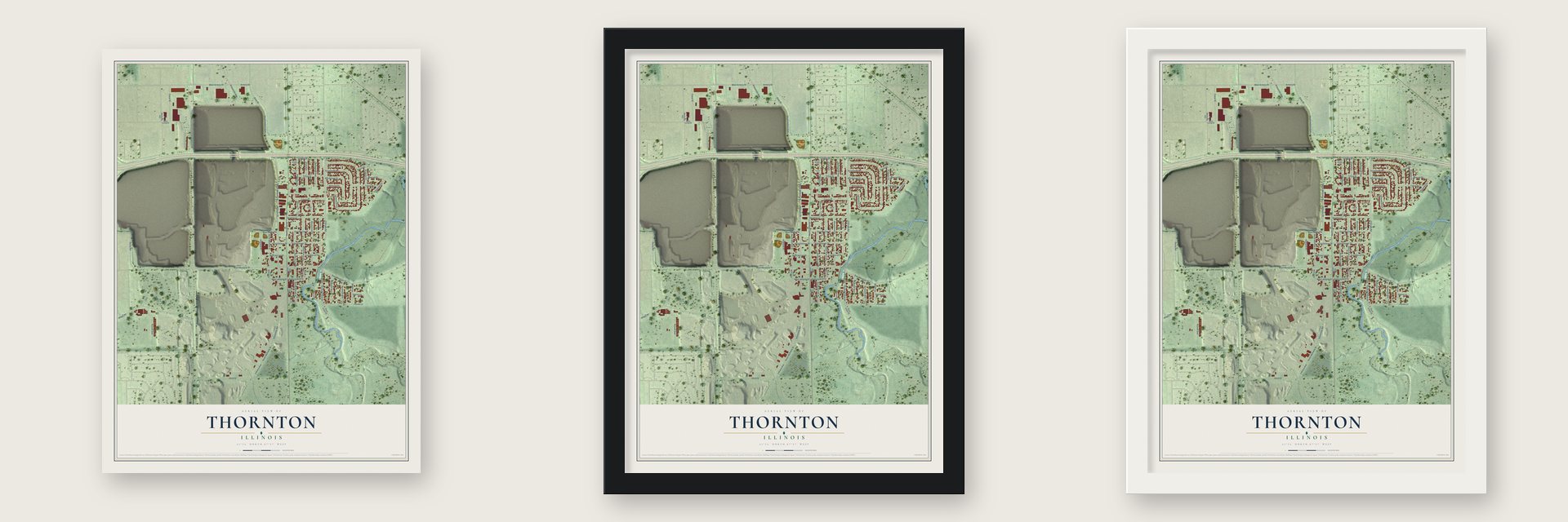 Thornton, Illinois map unframed, in a black wood frame and in a white wood frame