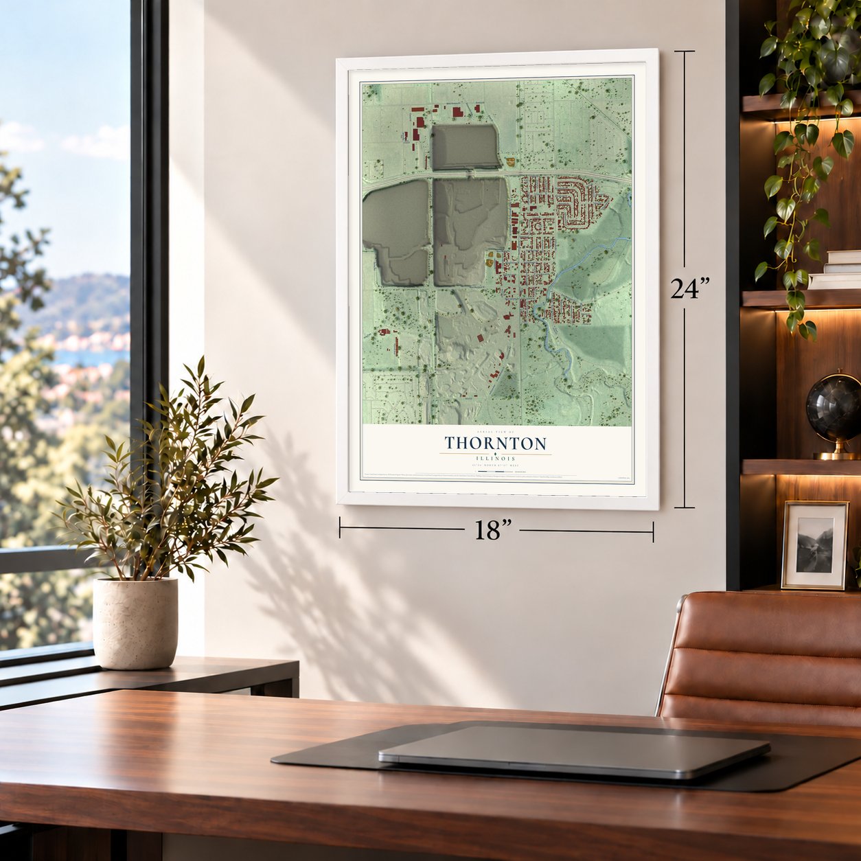 Thornton, Illinois map, 18 x 24 inch print in a white frame in a home office