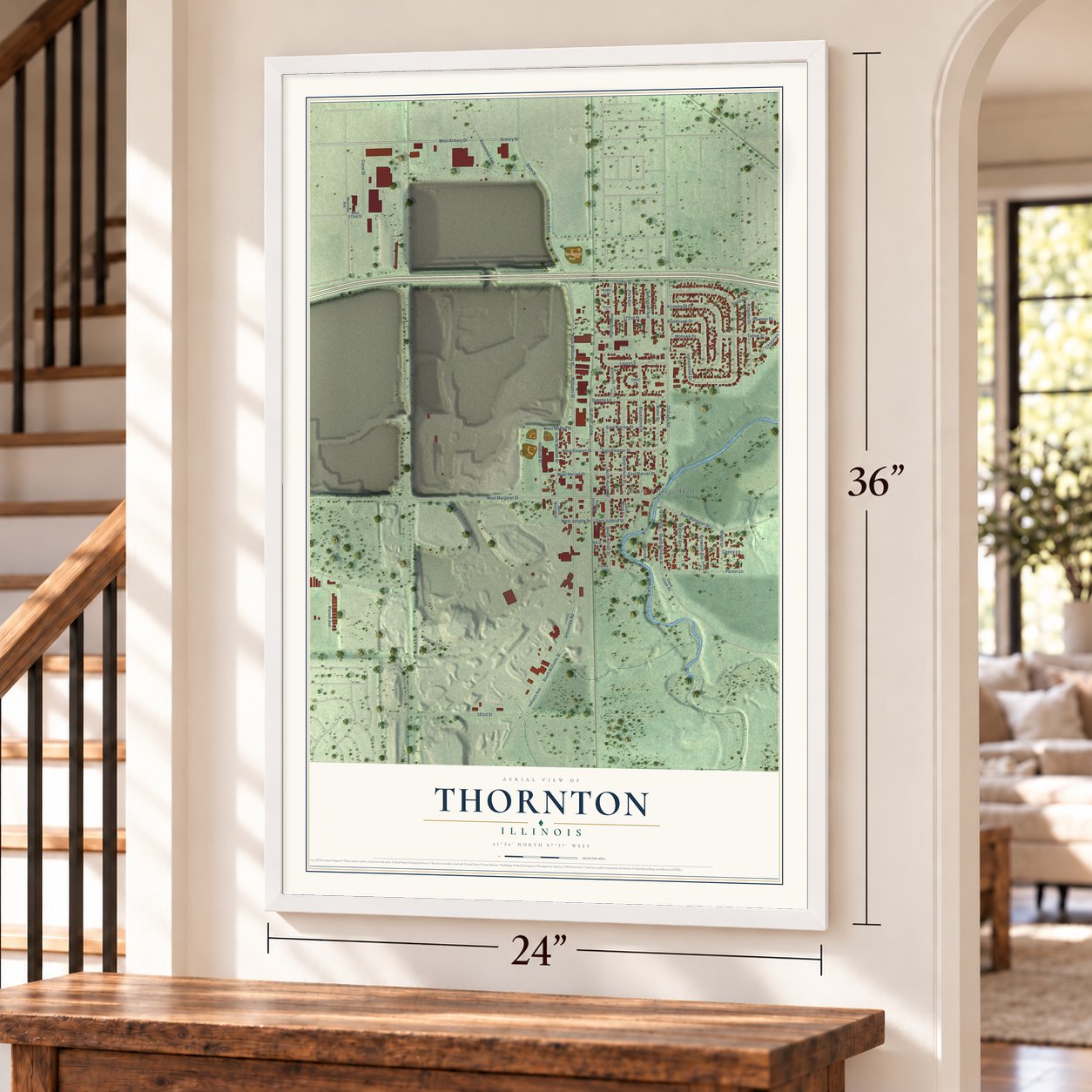 Thornton, Illinois map, 24 x 36 inch print in a white frame by a staircase