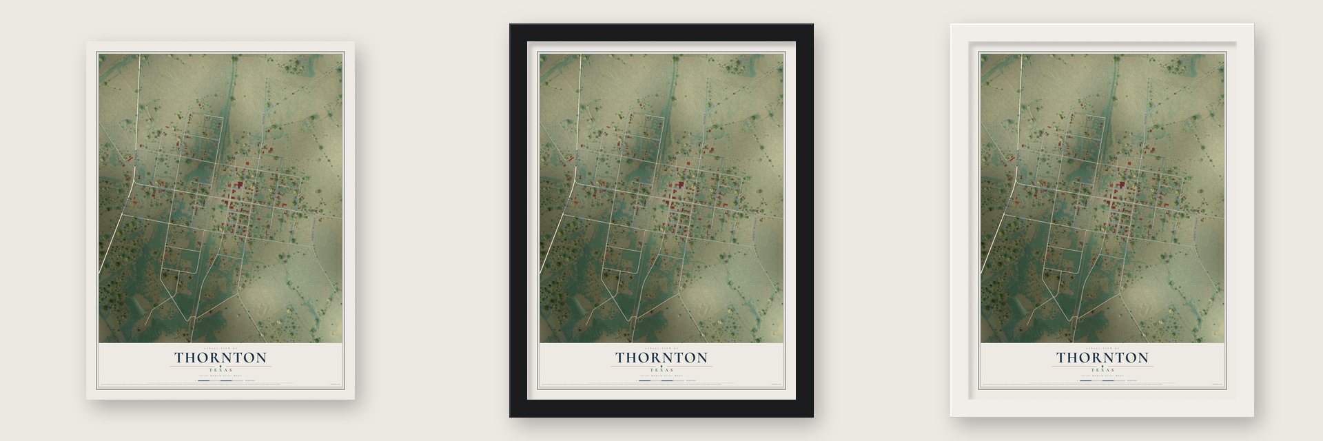 Thornton, Texas map unframed, in a black wood frame and in a white wood frame