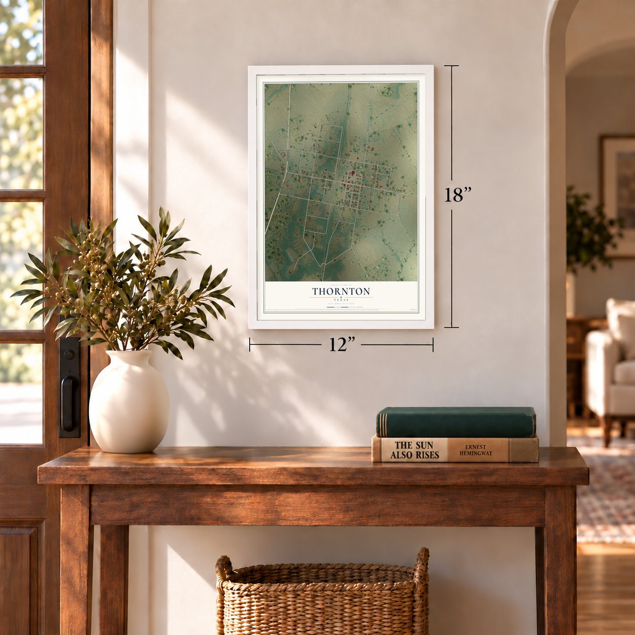 Thornton, Texas map, 12 x 18 inch print in a white frame in an entryway