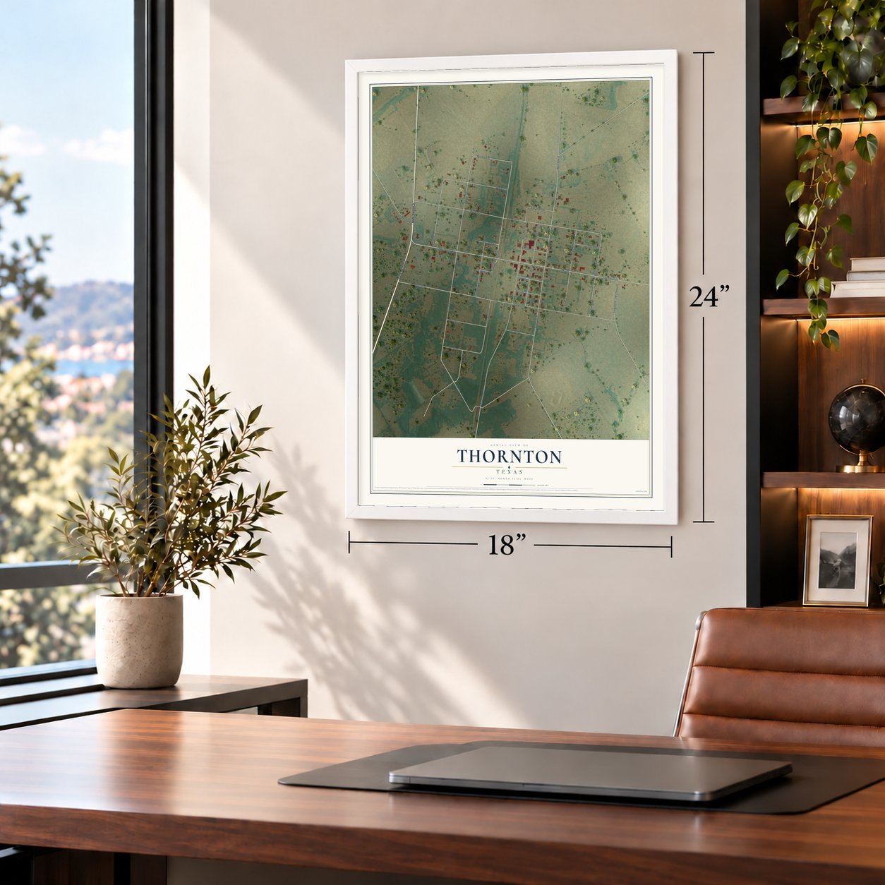 Thornton, Texas map, 18 x 24 inch print in a white frame in a home office