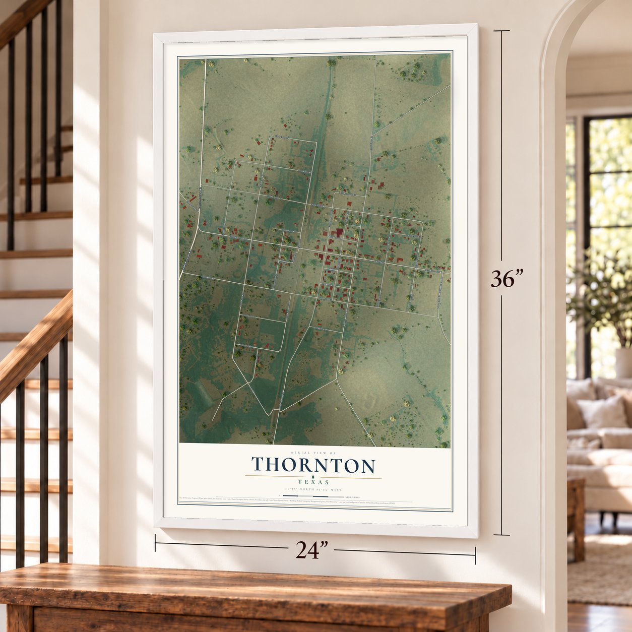 Thornton, Texas map, 24 x 36 inch print in a white frame by a staircase