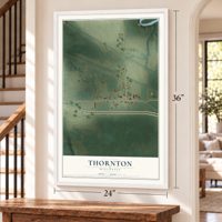 Thornton, Wisconsin map, 24 x 36 inch print in a white frame by a staircase