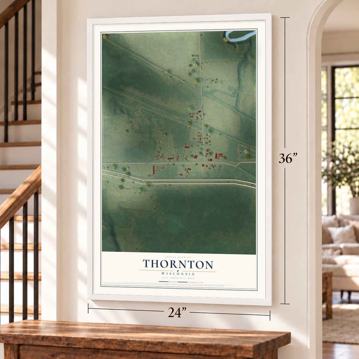 Thornton, Wisconsin map, 24 x 36 inch print in a white frame by a staircase