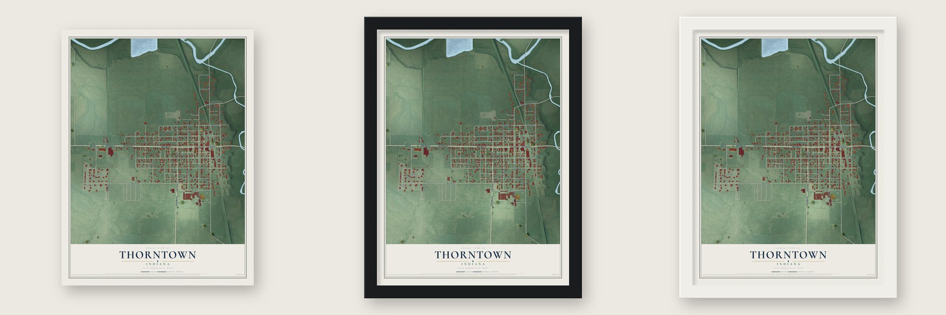 Thorntown, Indiana map unframed, in a black wood frame and in a white wood frame