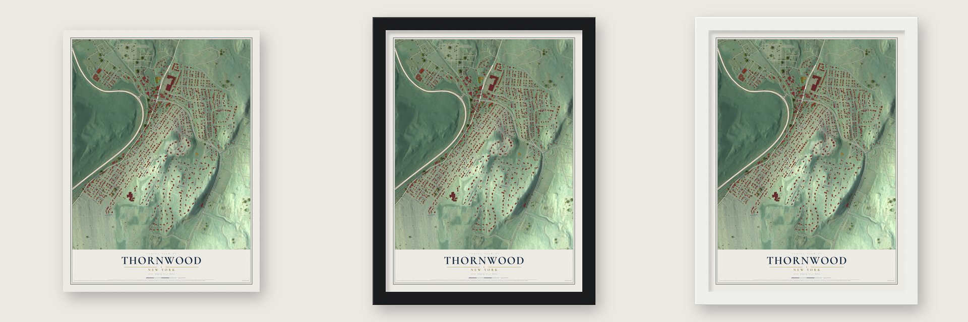Thornwood, New York map unframed, in a black wood frame and in a white wood frame