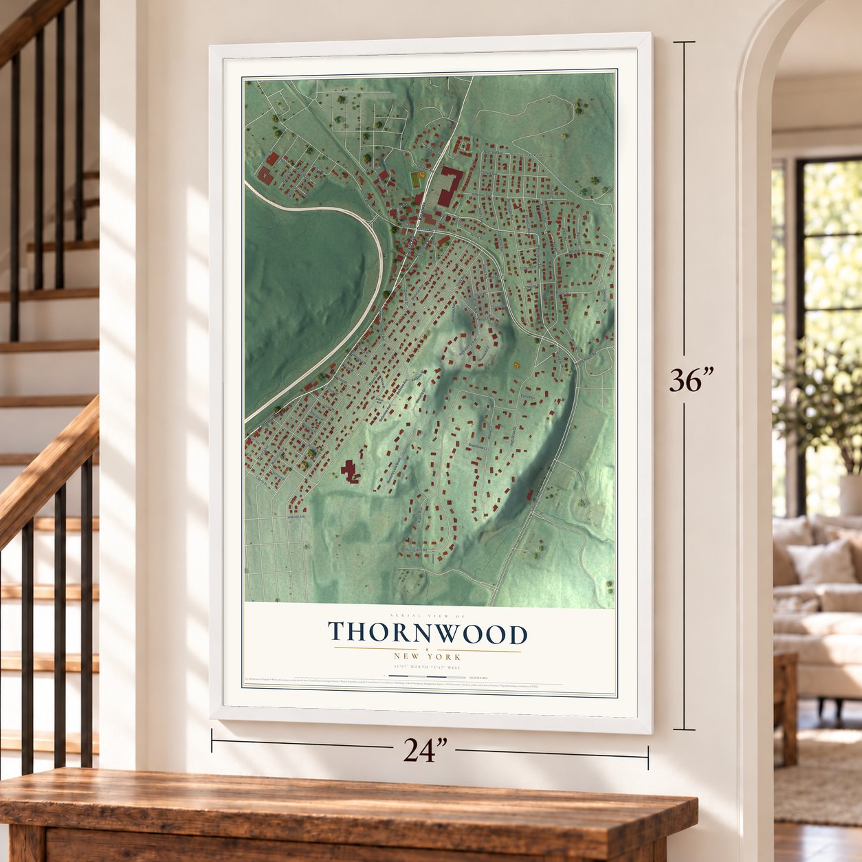 Thornwood, New York map, 24 x 36 inch print in a white frame by a staircase