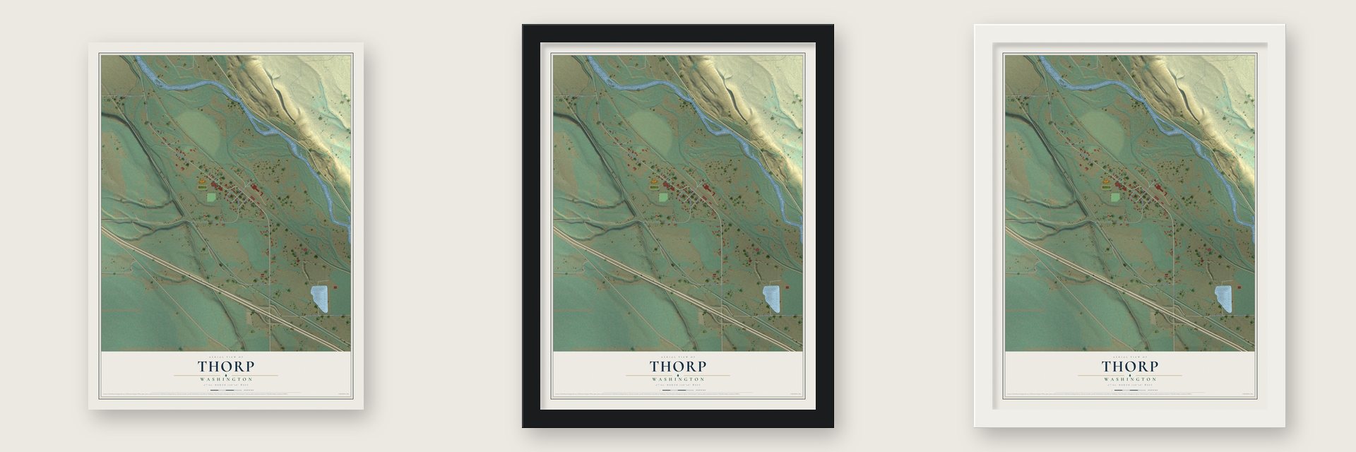 Thorp, Washington map unframed, in a black wood frame and in a white wood frame