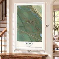 Thorp, Washington map, 24 x 36 inch print in a white frame by a staircase