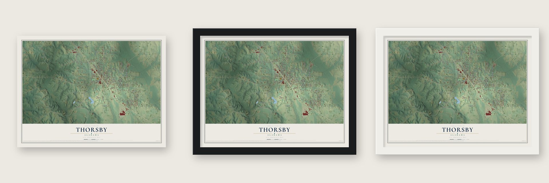 Thorsby, Alabama map unframed, in a black wood frame and in a white wood frame