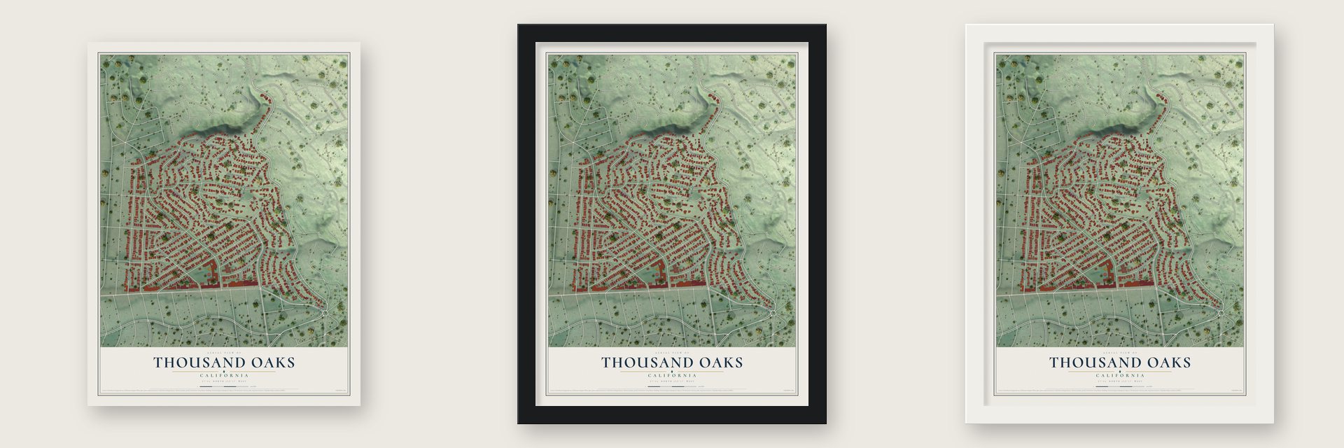 Thousand Oaks, Berkeley, California map unframed, in a black wood frame and in a white wood frame