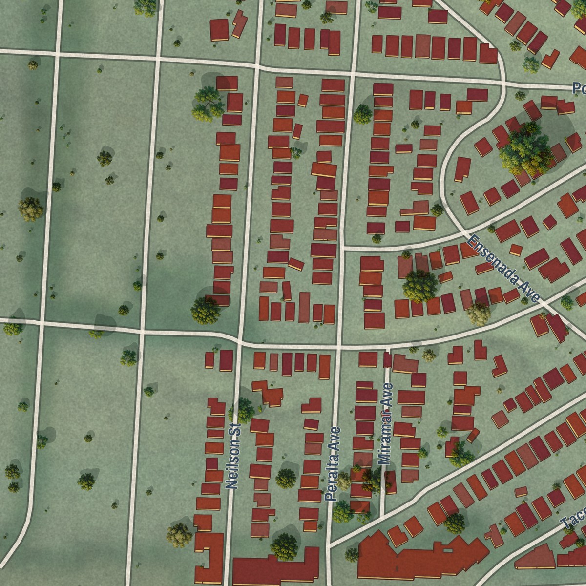 Second close-up of the map of Thousand Oaks, Berkeley, California print showing more streets and buildings